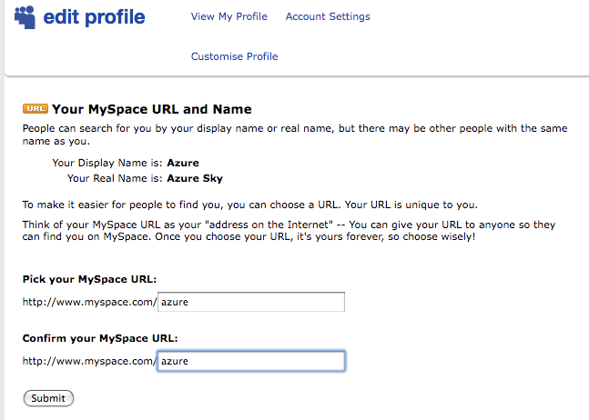 Select MySpace Profile URL Select MySpace Profile URL