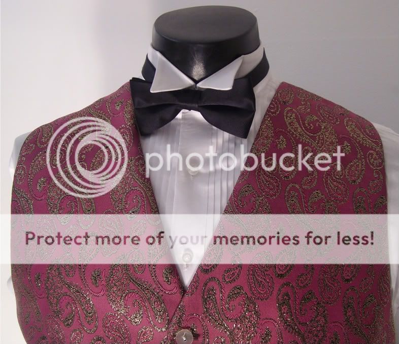 PINK W/GOLD PASILEY DESIGN TUXEDO VEST AND BLACK BOW TIE (LARGE)